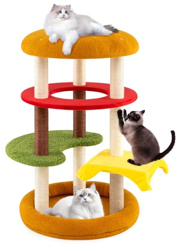COSTWAY Árbol Rascador para Gatos Moderno, 106 cm Árbol para Gatos en Forma de Hamburguesa con Percha Acolchada, Cama Amplia, Postes Rascadores de Sisal, Cojines de Felpa, Torre para Gato Decorativo