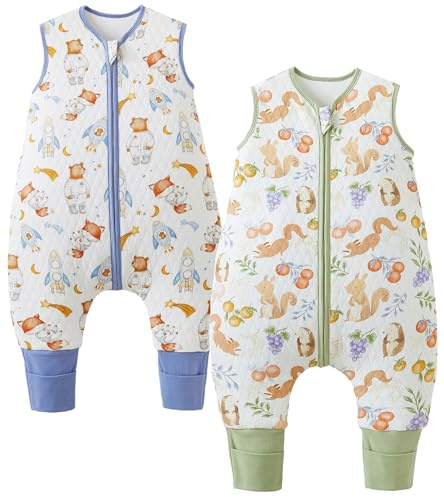 Chilsuessy Baby Ganzjahres Schlafsack mit Füßen 1.5 Tog 2er Pack Kleinkind Schlafsack mit Beinen Baumwolle, 1.5 Tog/Bär + Eichhörnchen, 90cm/Baby Höhe 100-110cm