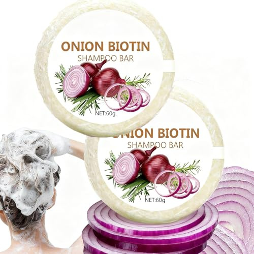 2pcs Onion Biotin Shampoo Bar, Oignon Romarins Shampooing Savon, Mousse Douce Contrôle Frisottis Nourrissants Purifiants Oignon Biotine Shampooings Savon Pour Pousse Cheveux(60gx2)