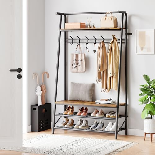 WEJIUAFB Industrial Coat Rack Stand with Shoe Rack, 4-Tier Free Standing Hall Tree with Shoes Storage Bench, Metal Frame Multifunctional Hallway Organizer for Bathroom, Hallway, Entrance