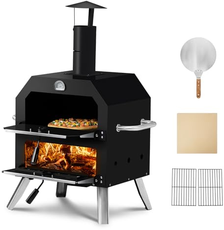 Bonnlo Pizza Oven Outdoor, 2-Layer Wood Fired Pizza Oven with Wheels & Built-in Thermometer for Garden Party, with Pizza Stone, Pizza Peel, Grill Rack - Black