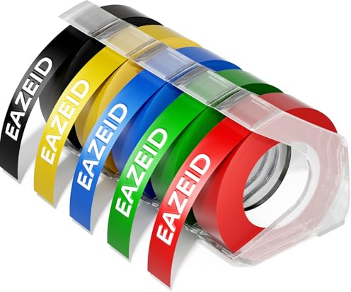EazeID Compatible with Dymo Embossing Label Tape Omega Junior 9mm 3D | Self-Adhesive Plastic Black/Red/Blue/Green/Yellow Compatible with DYMO Omega Junior Embossing Label Makers, 5-Roll
