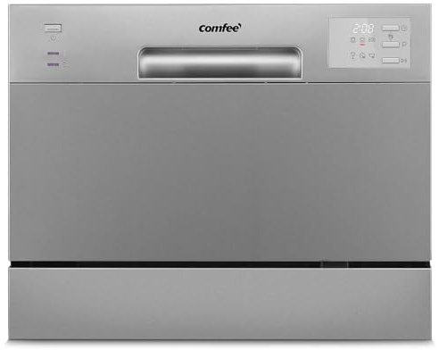 COMFEE Lave-vaisselle Compact CDWMT0602ESD-EU Mini lave-vaisselle avec 6 couverts, 6 programmes, Clase D, écran LED, démarrage différé, cycle intensif H-TEMP à 70 °C, niveau sonore 47 dB - Argent