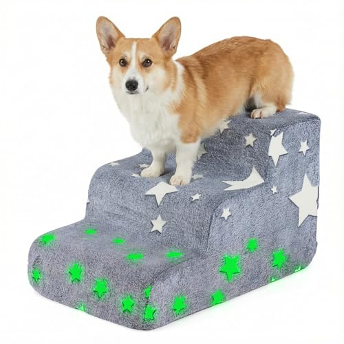 COSTWAY 3 stufige Hundetreppe, Haustiertreppe im Dunkeln Leuchtend, Katzentreppe mit rutschfestem Boden & waschbarer Flanellbezug, Tiertreppe weich für ältere, kleine bis mittelgroße Hunde (3 stufig)