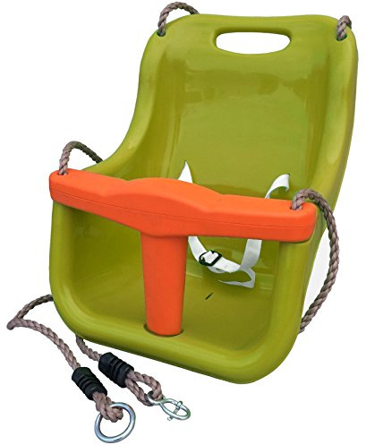 Babyschaukel Outdoor & Indoor – Kleinkindschaukel mit Sicherheitsbügel & Anschnallgurt – Höhenverstellbare Kinderschaukel aus Kunststoff – Babysitzschaukel bis 25 kg – Grün/Orange