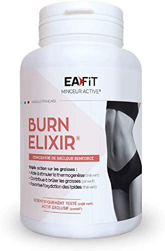 EAFIT MINCEUR - Burn Elixir - Bruleur de graisse puissant - Oxydation des Graisses - Cafeine - Piment - Poivre noir - Chrome - Choline - Thé vert - Adapté au sport - Marque Française - Végétarien - 90 Gélules