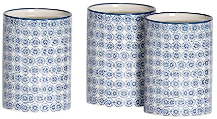 Nicola Spring Patterned Kitchen Canisters - 1 Litre - Pack of 3 - Navy Stoneware Hand Printed Kitchen Storage Jar Airtight Biscuit Barrel for Biscuits, Oats, Tea, Coffee | Stoneware Hand Printed Kitchen Storage Jar Airtight Biscuit Barrel for Biscuits, Oats, Tea, Coffee
