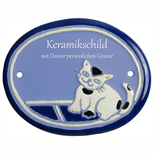 Handarbeit aus Schleswig-Holstein Keramikschild 12,0 x 9,0 cm Motiv Gefleckte Katze (hellblau)