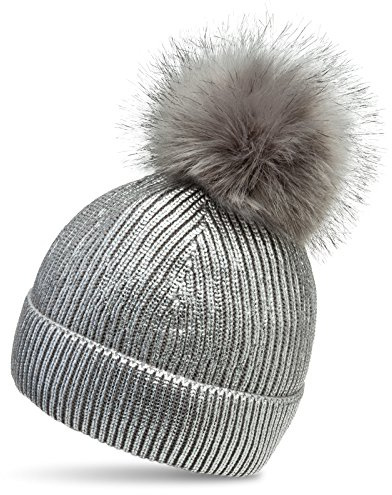 Caspar MU192 Damen Metallic Glitzer Bommelmütze gefüttert mit XL Bommel