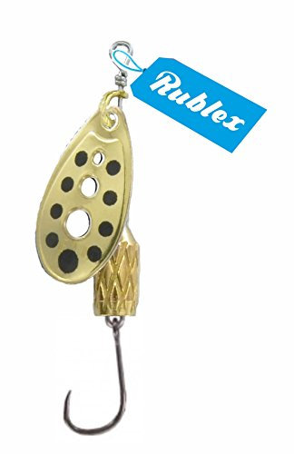 Rublex - Pack de 5 Cucharillas de Pesca C-Turbo-2 OPN | Cebo Artificial de Pesca con Anzuelo Simple sin Muerte, Sistema de Clip y Acción de Giro Mejorado, Oro Puntos Negros, 3'5gr