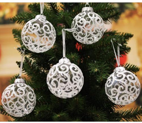 SLEETLY 28pk White Swirl Transparent Clear Bauble Ornaments for Farmhouse Christmas Tree Holiday Xmas Decorations - Large Shatterproof Plastic 80mm Baubles, Icicles and Snowflakes