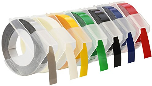 Cartridges Kingdom 7 Prägebänder 3D 9mm x 3m Weiss auf Rot Blau Schwarz Grün Gelb Transparent Silber kompatibel für Dymo Omega Junior Etikettenprägegerät für den Heimbedarf | Kunststoff, Selbstklebend