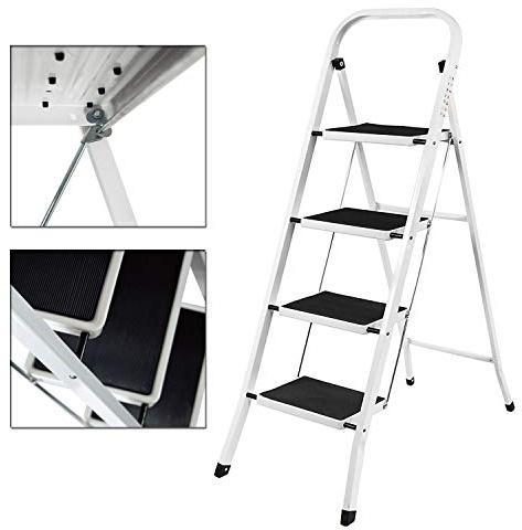 Leiter mit 4 Stufen – rutschfeste Füße – robuster Stahl – einfach zu verstauen, faltbares Design – ideal für Zuhause/Küche/Garage – 150 kg maximale Kapazität