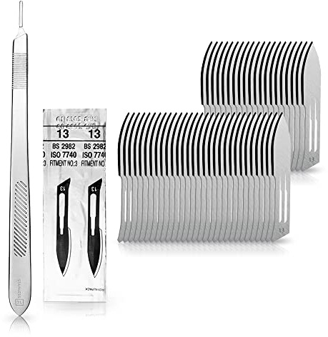 May Lot de 50 lames de scalpel Fig. 13 et 21 cm Support pour scalpel en acier inoxydable | Lot de 50 lames stériles jetables pour scalpel fig. 13 en acier au carbone avec support Fig. 3 avec manche de 21 cm de long