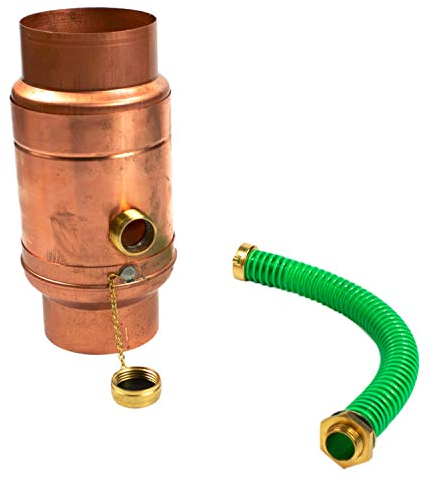 Kupfer Regenwassersammler 87 mm mit Schlauch- und Fassanschluss für das Fallrohr, Regensammler 85% Wasser-Ertrag dank doppelwandigem Aufbau, Wassersammler für Regentonnen