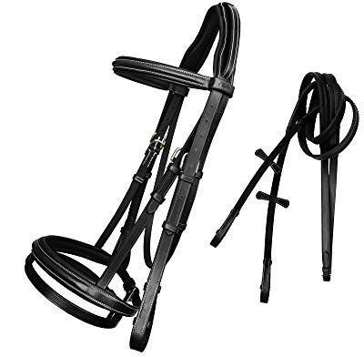 Exion English Jumping Hunter Bridle with Removable Flash Noseband & Rubber Reins | Soft Padded Raised Snaffle Browband & Noseband | Anatomical Anti-Pressure Headpiece | Leather Horse Bridle