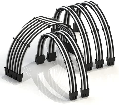 LINKUP - AVA 30cm Cable con Manguito - Prolongación de Cable para Fuente de Alimentación con Kit de Alineadores - Compatible con RTX3090|1x24P(20+4) MB| 2x8P(4+4) CPU| 3x8P(6+2) GPU|300mm Blanco Negro