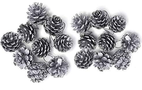 Natural Pine Cones, 18 Mini Pieces with String for Christmas Tree, Silver Pine Cones for DIY Ornament Xmas Party Decoration