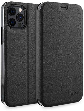 doupi Flip Case für iPhone 12 / iPhone 12 Pro (6,1 Zoll), Deluxe Schutz Hülle mit Magnetischem Verschluss Cover Klapphülle Book Style Handyhülle Aufstellbar Ständer, schwarz