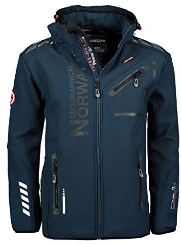 Geographical Norway ROYAUTE MEN - Veste Softshell Homme Impermeable - Manteau À Capuche Outdoor - Blouson Coupe Vent Tactique Resistant Hiver - Activites En Exterieur (Marine/Noir S)