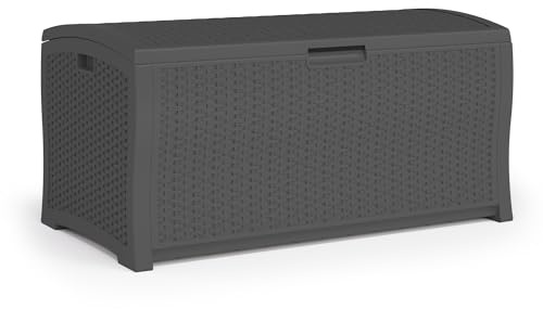Suncast Deck Box Extra Large, 122 Gallon Outdoor Storage Box for Cushions, Peppercorn Resin Wicker Patio Storage Container, Lockable Outside Bin for Decks, Patios, Porches, Pools, Backyards, & Gardens