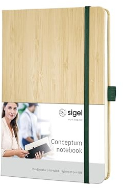 Sigel Conceptum Premium Notizbuch A5 dotted Bambuscover Hardcover | CO670, 100 g Papier, 194 nummerierte Seiten, Inhaltsverzeichnis, Falttasche und Stiftschlaufe