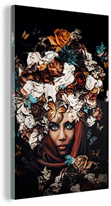 MuchoWow Glasbild Glasfoto Wandbild Bilder Deko 40x60 cm Blumen - Schmetterling - Frauen - Kopftuch