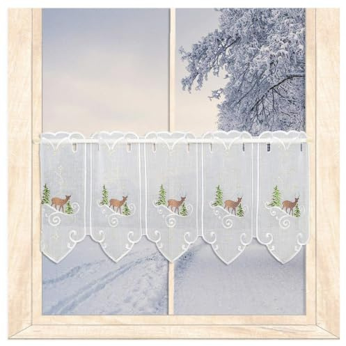atelier alles-Spitze Stickerei-Scheibengardine Winterhirsch HxB 30x64 cm | atelier alles-Spitze Kurzgardine, Winterliches Waldmotiv Weiß-Gold-Braun-Grün, Halbtransparent