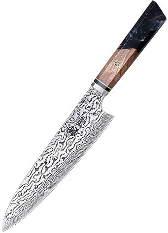 MITSUMOTO SAKARI 22 cm Coltello Giapponese Gyuto, Coltello Cucina In Damasco AUS-10, Coltelli da Cucina Professionali Forgiato a Mano (Manico in Legno D'ombra E Melograno e Scatola di legno Boutique)