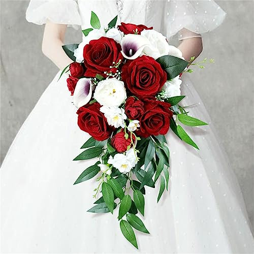 Tkasniy Bouquet da sposa fatto a mano per sposa, bouquet da sposa artificiale con rosa rossa bianca, bouquet da sposa a cascata con nastro lungo per decorazioni francesi per feste di nozze per la casa