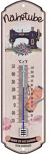LANOLU Retro Blechschild NÄHSTUBE - NÄHEN IST WIE ZAUBERN Thermometer Geschenk für Näherin - Deko für Nähstube, Farmhouse Deko für Nähzimmer Geschenke für Nähbegeisterte, 8x28cm