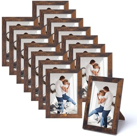 HORLIMER 15er Bilderrahmen Set 10x15 cm, Bruan Bilderrahmen mit Holzmaserung, Fotorahmen Collage für 15x10 Fotos und Bilder, Wand- oder Tischaufstellung