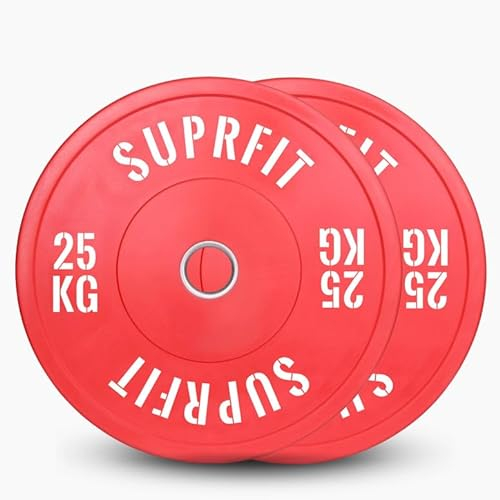 SUPRFIT – Hantelscheiben gummiert 2x 25kg Rot – Premium Fitness Bumper Plates – Stoßabsorbierende Gewichtsscheiben aus Vollgummigranulat – Hantelscheiben Ø 50mm für Langhantel Training
