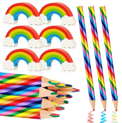 Tenare 12 Crayons de Couleur Arc-en-Ciel 12 Gommes Colorées en Caoutchouc Crayons Arc-en-Ciel de Couleur 4 en 1 Gomme à Effacer 2B Douce Flexible pour Adults Artiste École Maison DIY