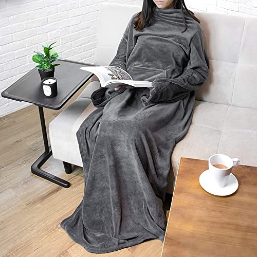 Wisada Dunkelgrau Kuscheldecke, Winter Klimadecke, Tragbar Ganzkörperdecke, Extra Lang Decke mit Ärmeln, Flauschige Flanell TV-Decke für Herren,Damen (170 * 200CM)