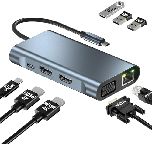 MMOBIEL Hub da USB-C a Doppio HDMI - Adattatore 8-in-1 USB-Hub e 100W PD - Docking Station per USB 3.0, 2x USB 2.0, 2x HDMI, VGA, PD e ETH - Triplo display per laptop, smartphone ecc. - Alluminio