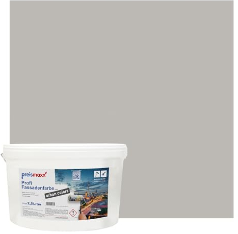 Preismaxx Profi Fassadenfarbe urban colors, bunte Außenfarbe, grau, taupegrau, taupe grey 2,5L, matte, wasserabweisende Aussen-Dispersion, hohe Wasserdampfdurchlässigkeit