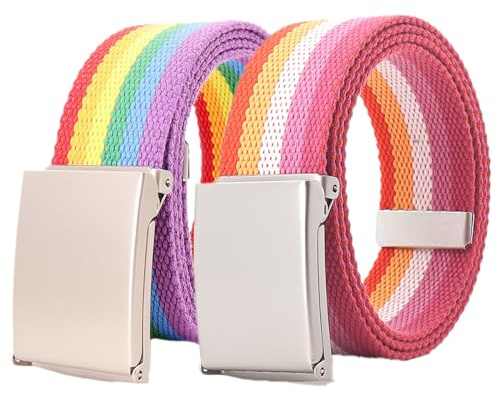 YunYunStrap Damen Herren Regenbogen Canvas Web Gürtel Größe bis zu 180cm mit Flip-Top massive mattsilberne Militärschnalle, 2er-Pack