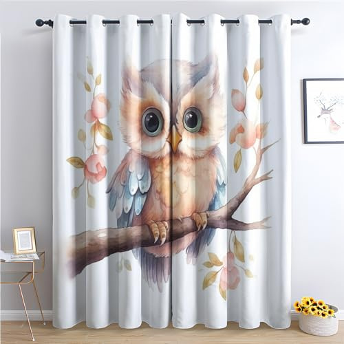SZLYZM Eule Vorhänge, Verdunklungsvorhänge mit Muster Cartoon, Vorhang Blickdicht mit Ösen, Gardinen für Wohnzimmer Schlafzimmer Kinderzimmer Deko 2er Set - 160x132 (H X B) (W1-&59)