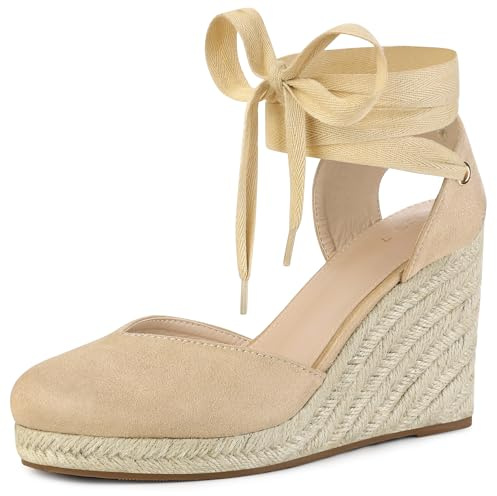Allegra K Women's Espadrille Platform Wedge Heel Lace Up Sandals Beige 5.5 UK/Label Size 7.5 US