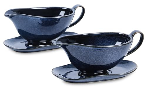 Vicrays Gravy Boat with Saucer - Large 17oz Ceramic Sauce Boat with Tray Set of 2 for Turkey Salad Dressings Creamer Milk Broth - Thanksgiving Christmas Holiday Serving Dishes - Blue