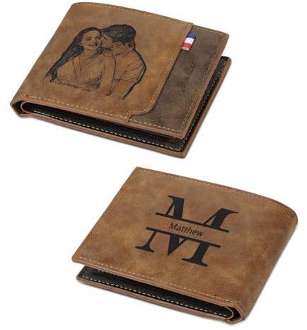 kaululu Personalisierte Geldbörse Herren mit Foto Portmonee mit Gravur Namen Herren-Portemonnaie mit Reißverschluss Karten-Ausweis-Geldhalter für Vater Ehemann Personalisiertes Geschenk für Männer