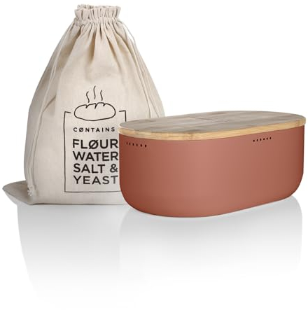 LARS NYSØM Panera I Recipiente para Pan con Bolsa incluida Hecha de Lino para una frescura particularmente Duradera I Caja de Pan con Tapa de bambú Adaptable como Tabla de Cortar (Brick Red)