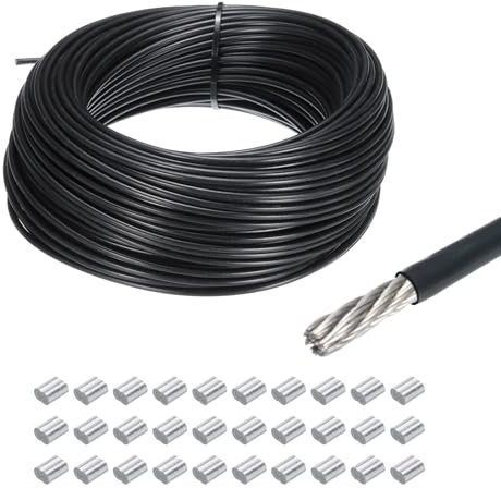 QUARKZMAN 164Ft(50M) Filo Fune 304 Acciaio Inox Cavo 1/8(3mm) Vinile Rivestito con 30pz Alluminio Manicotti per Gruccia Appendiabiti Sollevamento Nero