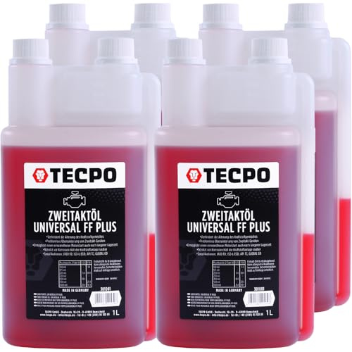 TECPO Zweitaktöl Universal 2-Takt FF Plus, teilsynthetisch, mit Fuel Fresh für Gemisch & Getrenntschmierung für Motorsäge, Rasenmäher, Mofa, JASO FD, ISO-L-EGD, API TC 1:50 mischbar