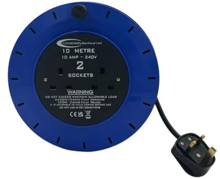 10m Extension Lead Reel, 2 Way 10 Amps 3-pin UK Sockets and Fused UK Plug, 240V Power Extension Retractable Cassette Type Cable Reel