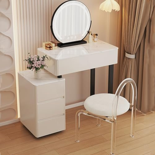 Weißes Holz-Schminktisch-Set mit abnehmbarem LED-Spiegel, gepolsterter Hocker, 2 Schubladen, Beistellschrank, Make-up-Set für Schlafzimmer, 49,8 x 39,9 x 75,9 cm