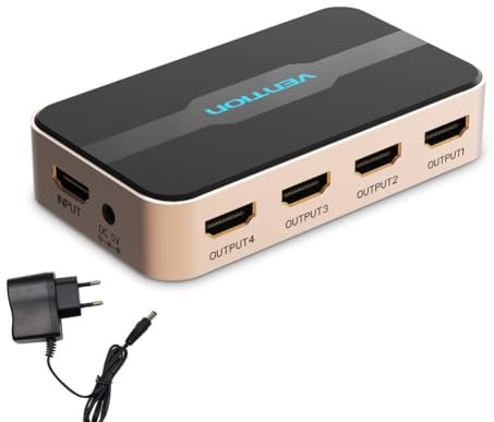 4K HDMI Splitter 1 in 4 Out, Audio Video HDMI Distributor for 4 Monitors, Simultaneous 4K UHD, HDCP 1.4, 3D, 1080P Full HD, 30M Transmission, DC Power Supply, HDMI Splitter for Gaming, TV, Projector