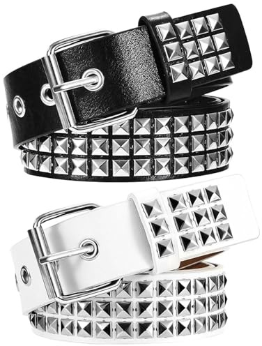 VIDSTW 2 stycken punk nitbälte kvinnor män justerbar studded bälte pyramid design punk rock hip hop cool gotisk, Svart, vit, 110 cm x 3,8 cm