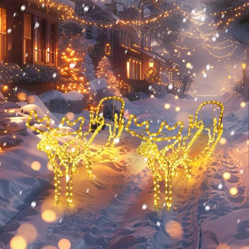 Zlinke Weihnachtsbeleuchtung für Außen & Innen,Rentier mit Schlitten Weihnachtsdeko Außen,2700K,600lm Weihnachtsbeleuchtung,12W Rentier Weinachtsdekorationen(Warmweiß,IP44) 2 Packung